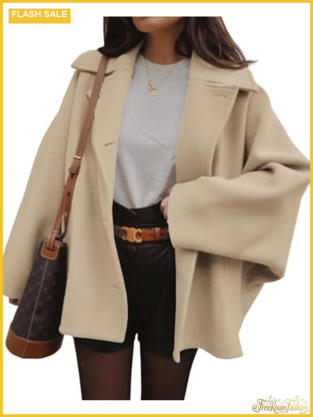 Wool Blend Pea Coat Notch Lapel Double Breasted Oversized Jacket Women Warm